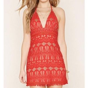 Forever 21 Red Lace Pom Pom Halter Dress Small